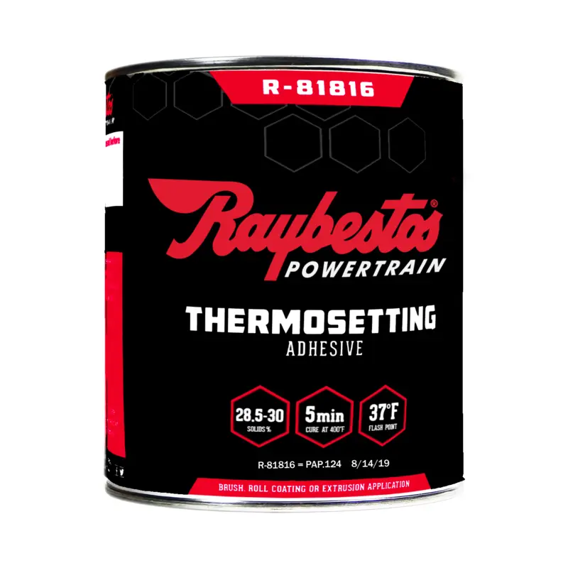 Raybestos R81816 liquid adhesive is a solvent-based one-component pressure-bonding adhesive designed for bonding friction material to metal and friction material to friction material.  R81816 liquid adhesive exhibits good strenght properties at low and elevated temperatures.  It also exhibits excellent plastic flow which contributes toward obataining 100% contact with parts to be bonded.  The solids content and viscosity are suitable for filming the adhesive onto release paper.  The filed produt can then be used as a dry film adhesive. R81816